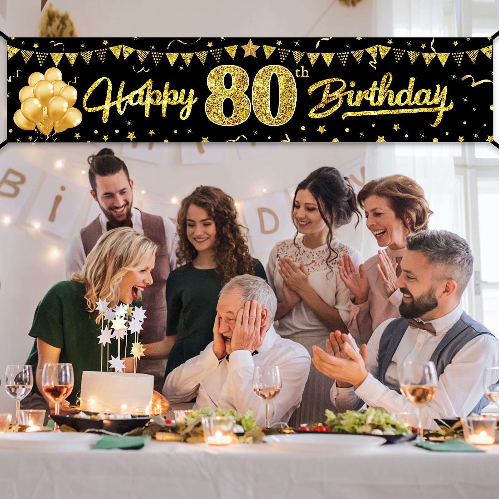 Happy 80Th Birthday Banner Decorations For Women Men, Black Gold 80 Birthday Sign Party Supplies, 80 Year Old Birthday Backdrop